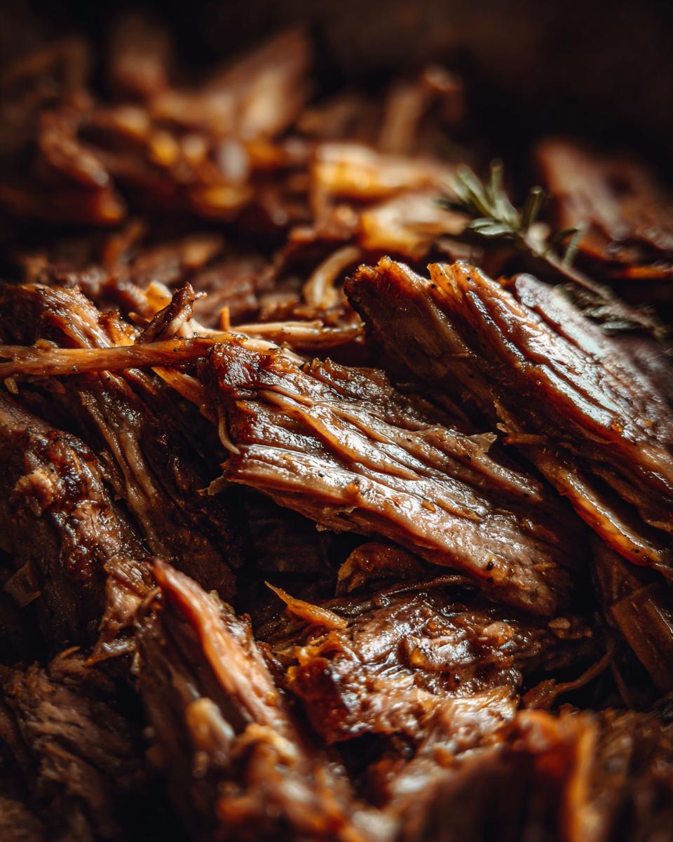 Close-up of shredded Mississippi Pot Roast, showcasing its tender texture and rich, savory sauce.