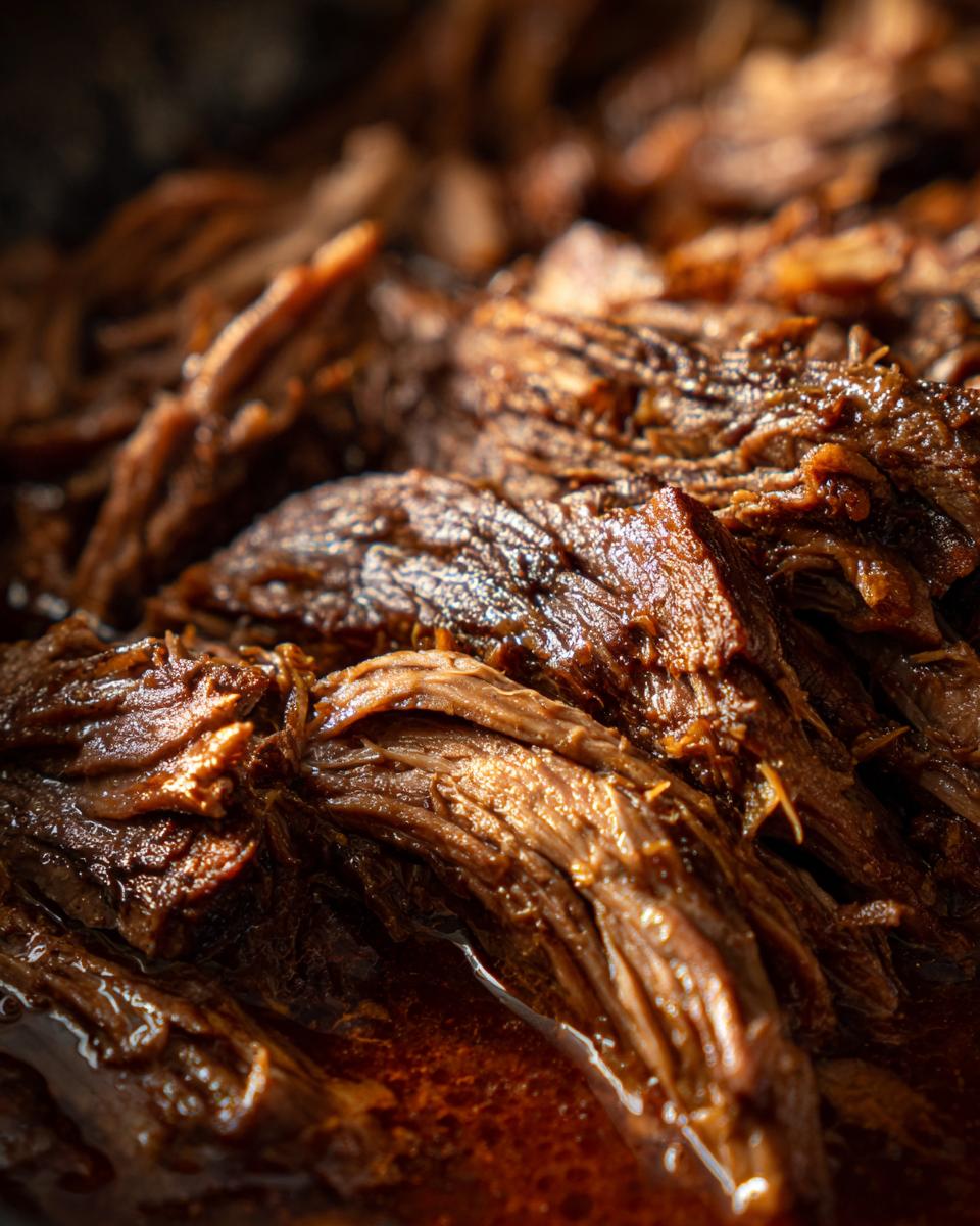 Close-up of tender, shredded Mississippi Pot Roast in its flavorful gravy.