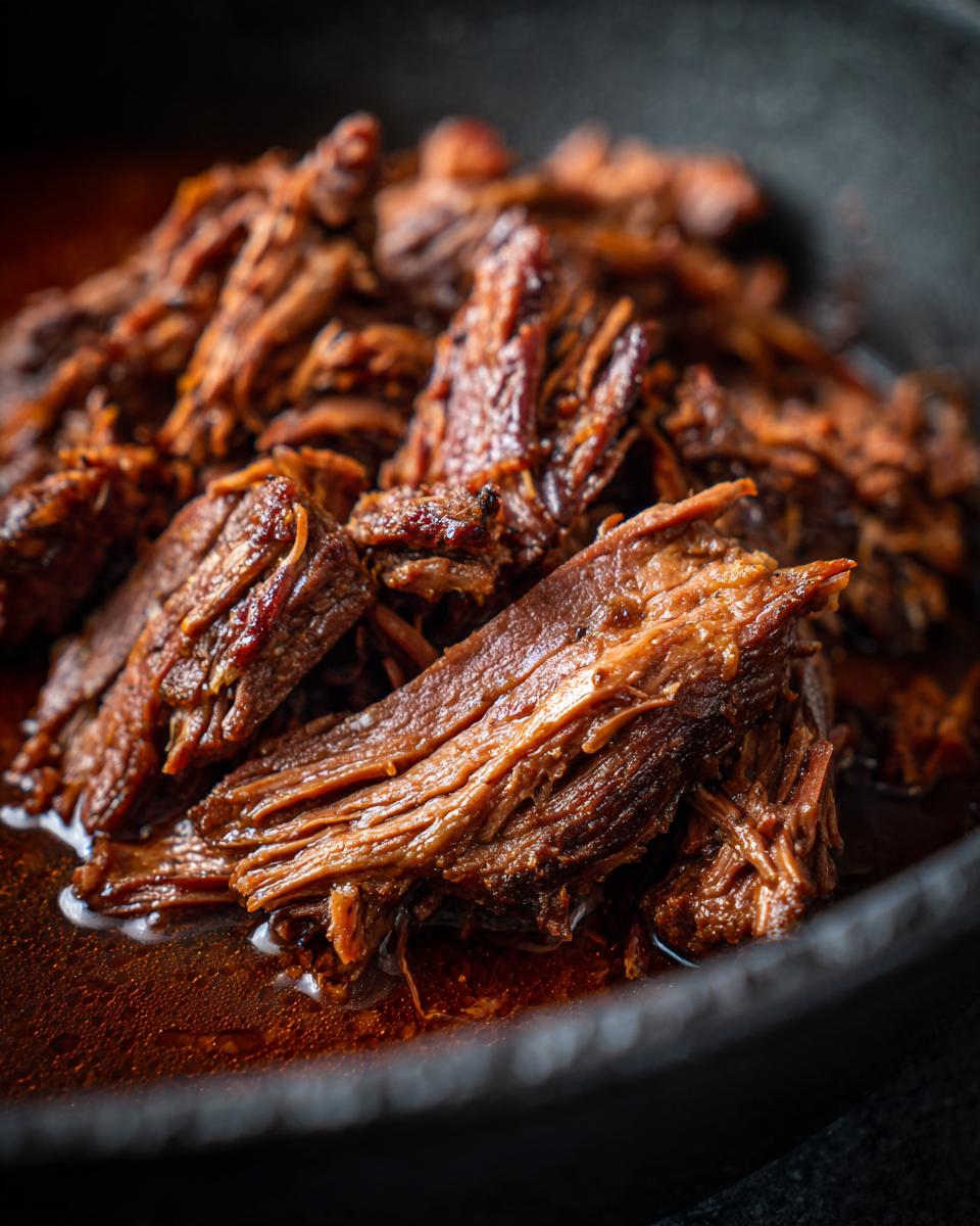 Close-up of tender, shredded Mississippi Pot Roast with rich gravy, ready to serve.