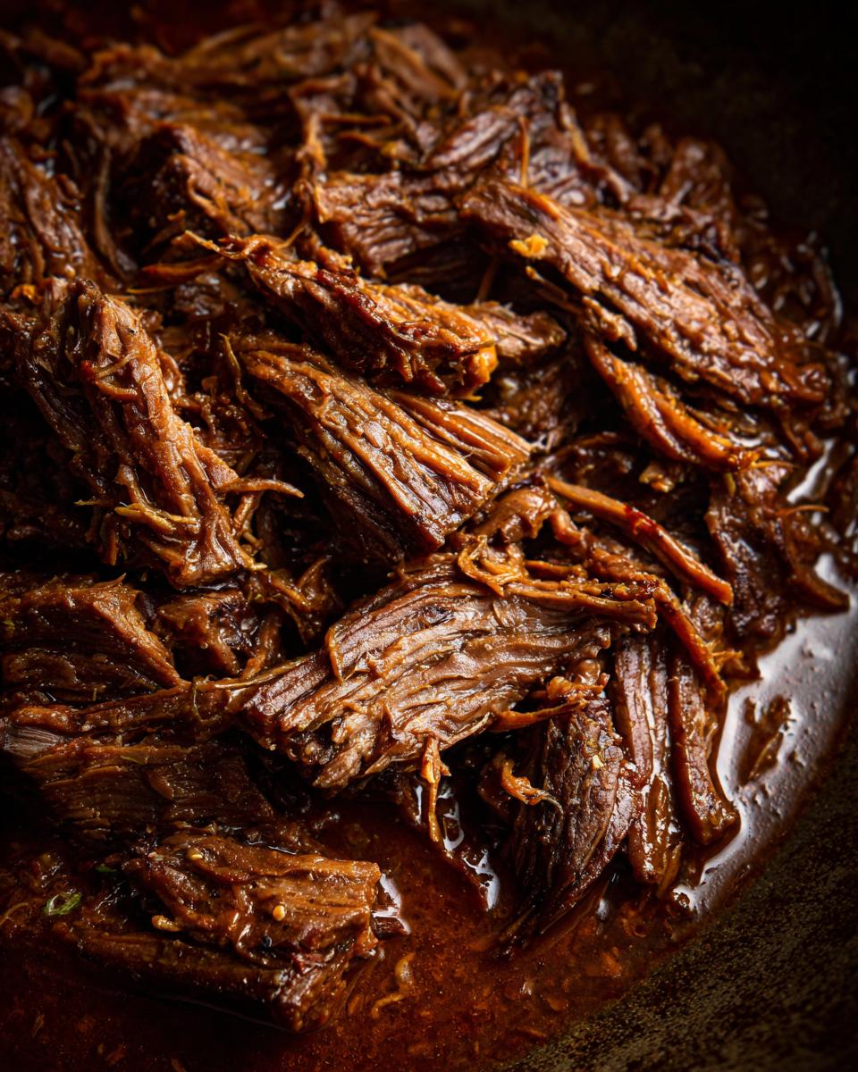 Close-up of tender, shredded Mississippi Pot Roast in its flavorful gravy.