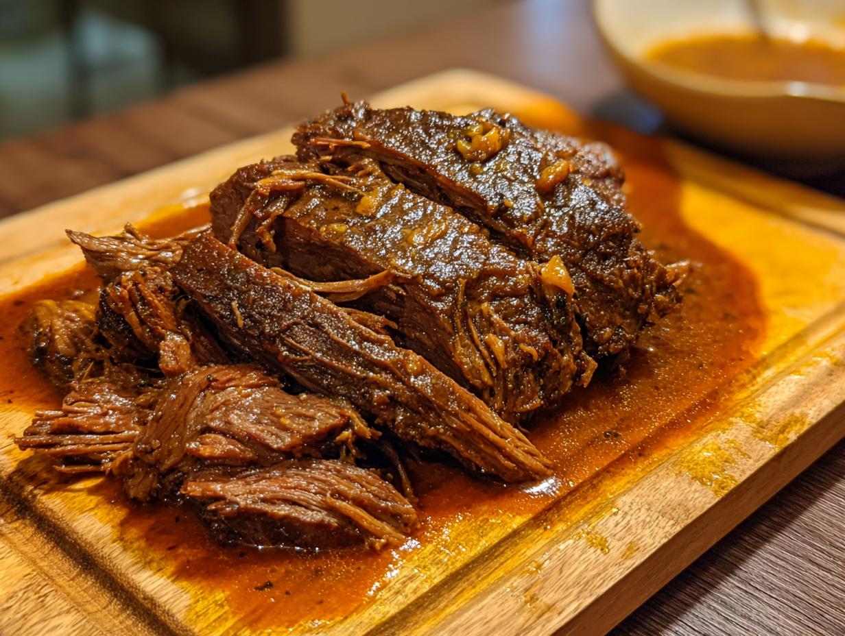 Close-up of tender Mississippi Pot Roast, sliced and served on a wooden cutting board with its flavorful juices.