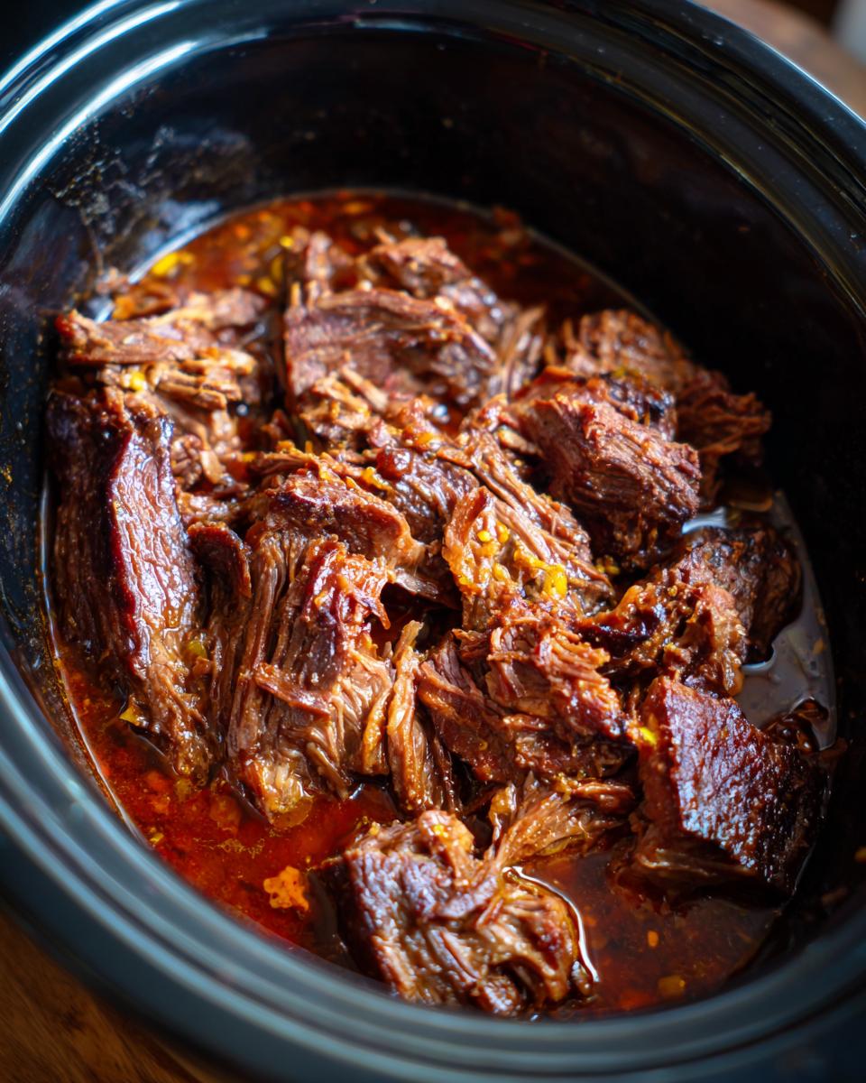 Close-up of Mississippi Pot Roast, cooked and shredded in a slow cooker with rich gravy.