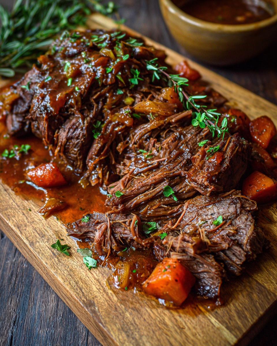 Juicy Mississippi Pot Roast served on a wooden board with carrots and herbs.