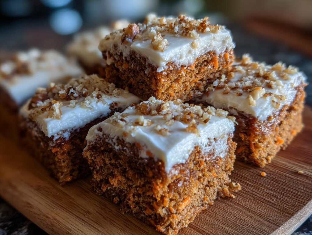 Stacked moist 350 calorie carrot cake bars with cream cheese frosting and chopped nuts on a wooden board.