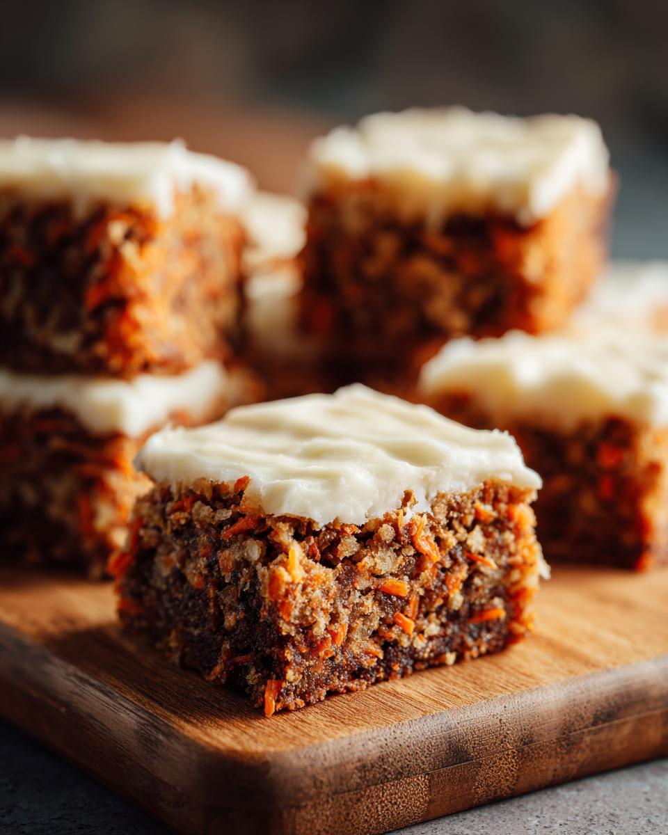 Close-up of Moist 350 Calorie Carrot Cake Bars topped with creamy frosting, stacked on a wooden board.