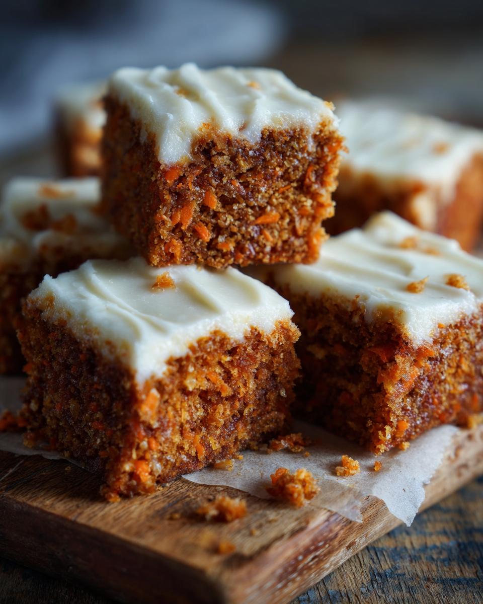 A stack of moist 350 calorie carrot cake bars with cream cheese frosting on a wooden board.