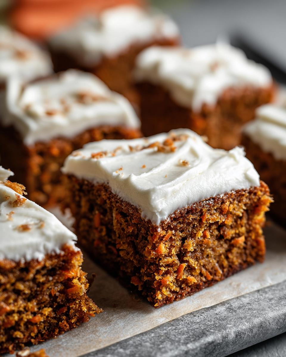 Close-up of Moist 350 Calorie Carrot Cake Bars topped with white frosting and a sprinkle of spice.
