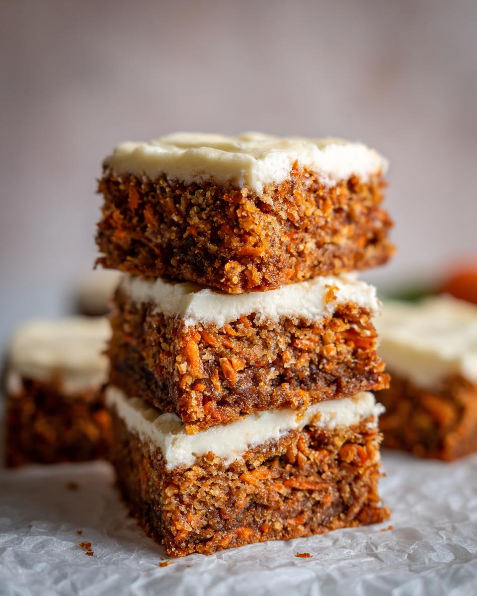 A stack of three Moist 350 Calorie Carrot Cake Bars with cream cheese frosting on parchment paper.
