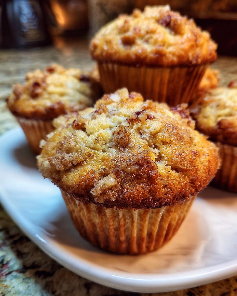 Close-up of several moist banana nut muffins with a crumble topping on a white plate.