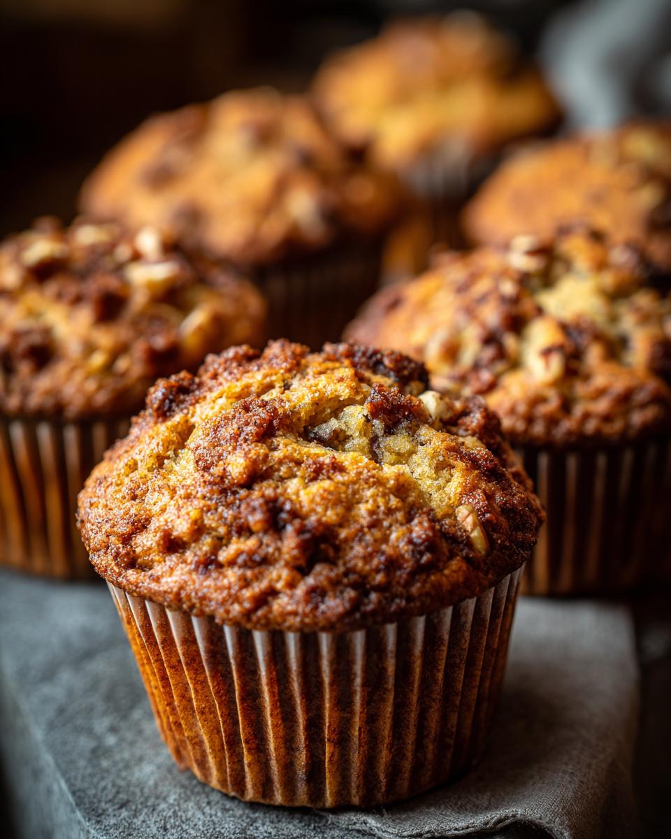 Close-up of several bakery-style MOIST Banana Nut Muffins on a gray surface.