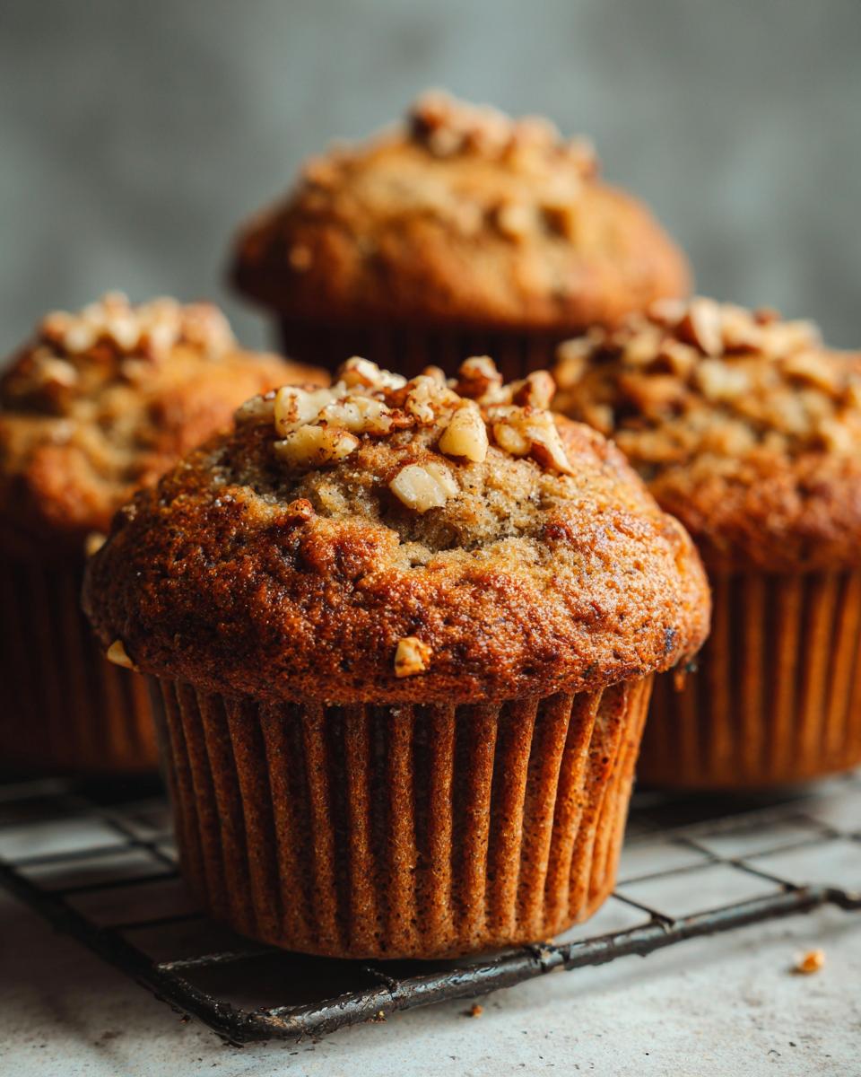 Close-up of several bakery-style moist banana nut muffins topped with chopped nuts on a wire rack.