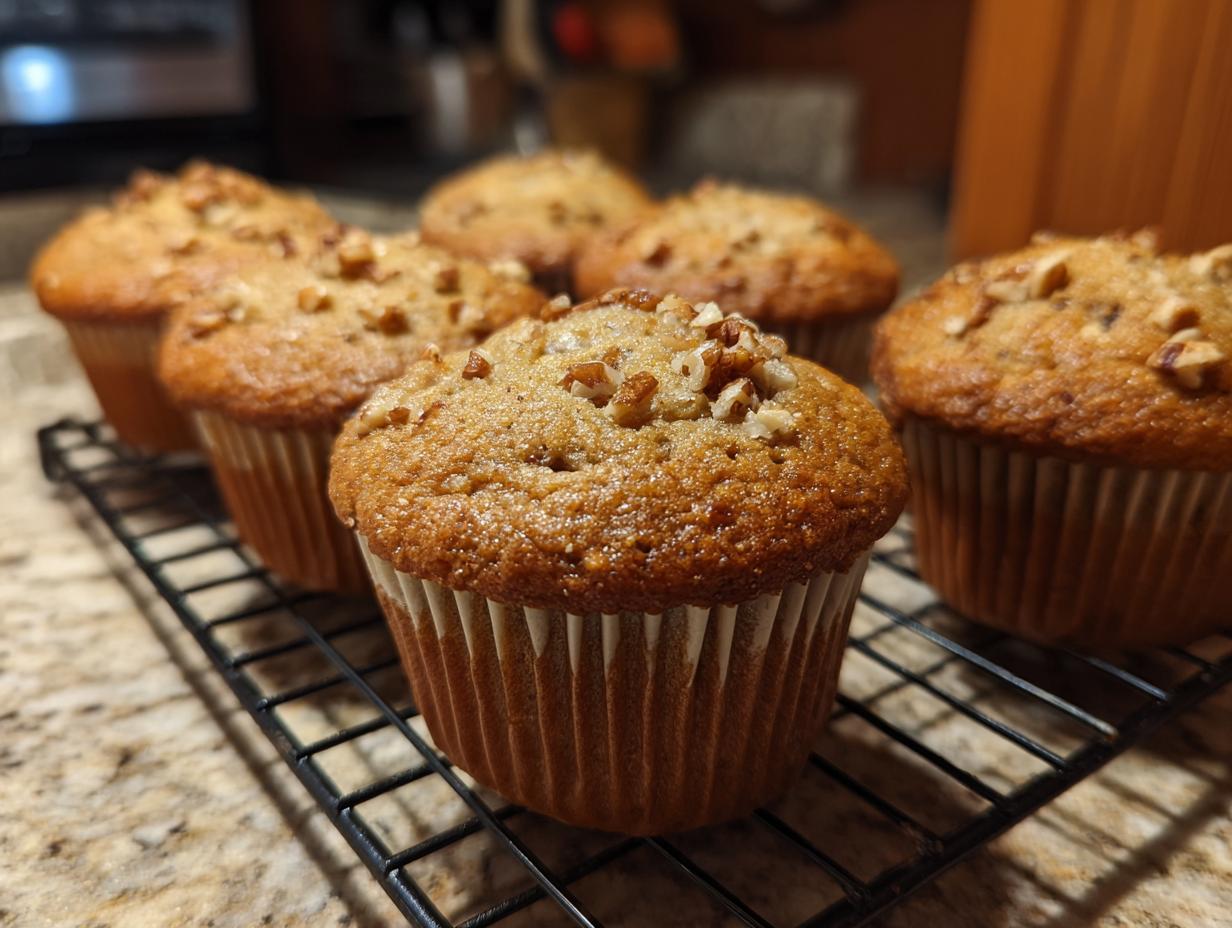 Freshly baked MOIST Banana Nut Muffins cooling on a wire rack, topped with chopped nuts.