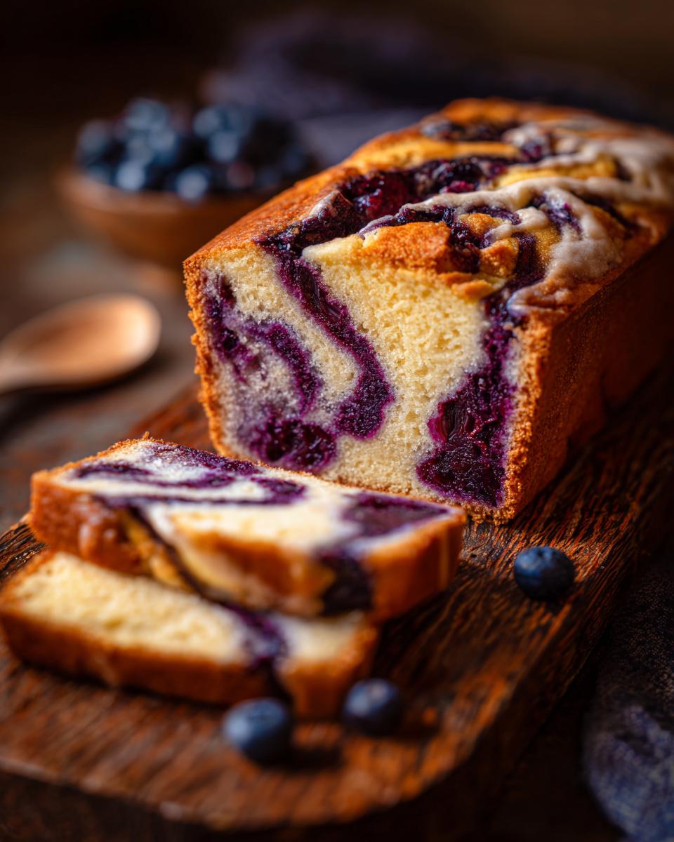 Sliced loaf of Moist Blueberry Cream Cheese Swirl Bread on a wooden board with fresh blueberries.