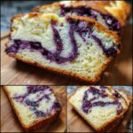 Slices of moist blueberry cream cheese swirl bread on a wooden board, showcasing the beautiful swirl pattern.