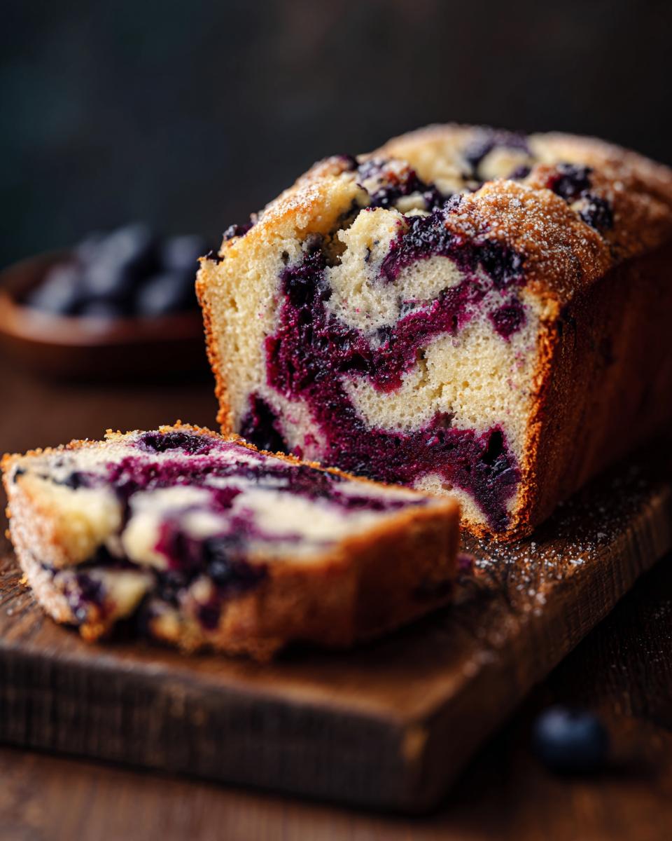 A loaf of Moist Blueberry Cream Cheese Swirl Bread with a slice cut, showcasing the swirl pattern.