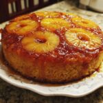 A freshly baked Moist & Buttery Homemade Pineapple Upside Down Cake, golden brown and glistening with caramelized pineapple.