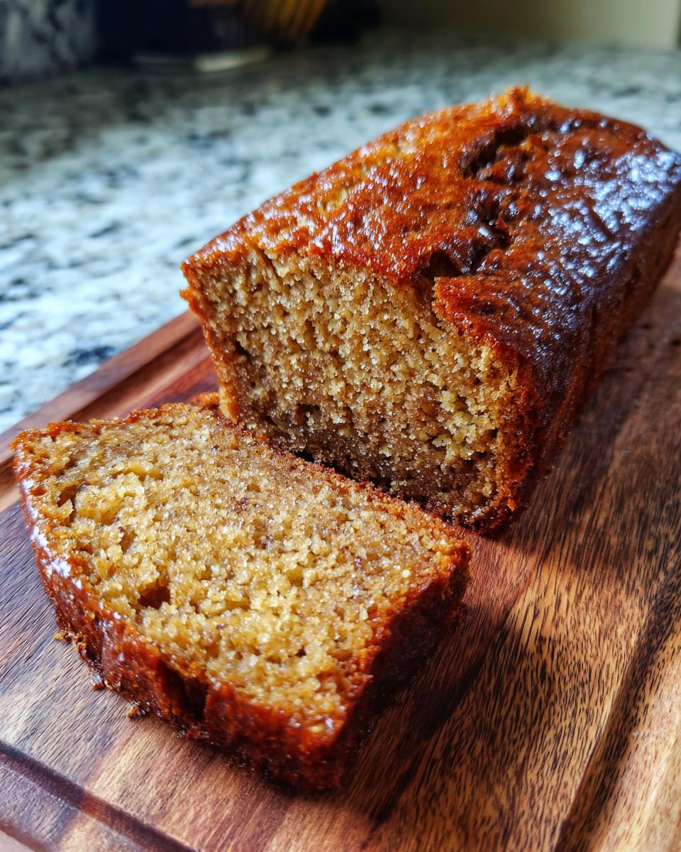 A loaf of Ultimate Moist Sugar-Free Banana Bread with a slice cut, sitting on a wooden board.