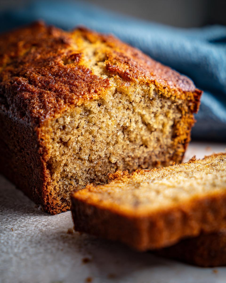 A loaf of Ultimate Moist Sugar-Free Banana Bread with a slice cut, showing the texture.