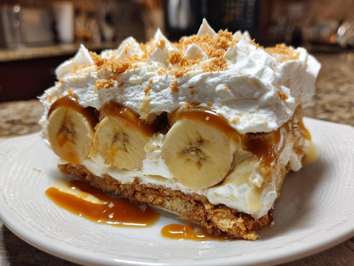 A slice of Easy No-Bake Banoffee Pie featuring layers of graham cracker crust, bananas, caramel, and whipped cream.