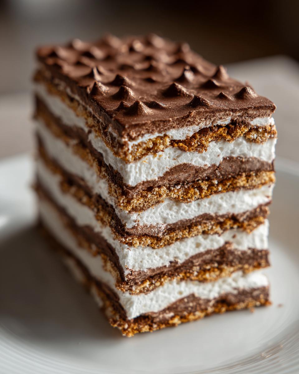 A slice of Ultimate No-Bake Brownie Refrigerator Cake, showing layers of brownie, cream, and chocolate topping.
