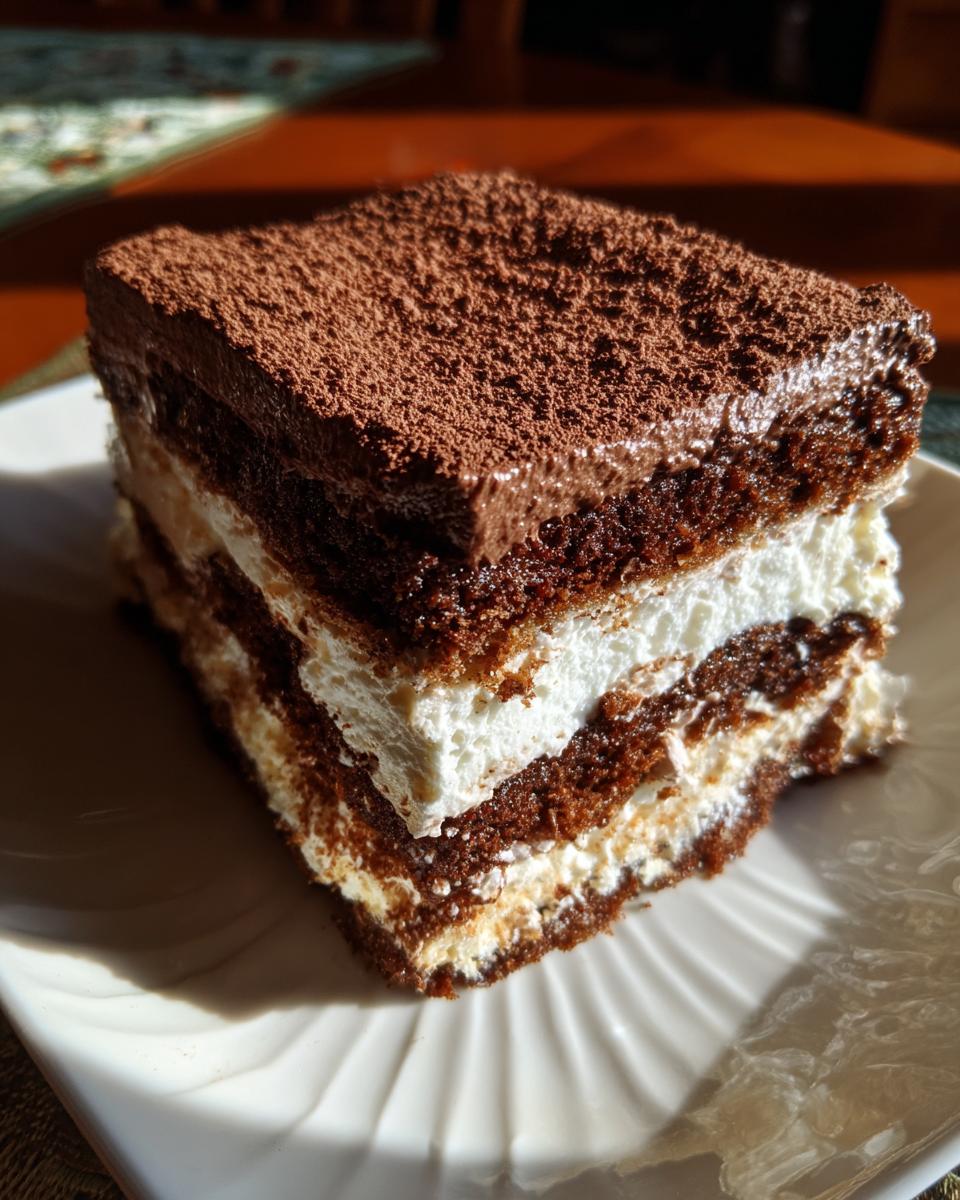 A slice of Ultimate No-Bake Brownie Refrigerator Cake, showcasing layers of brownies, cream, and chocolate topping.