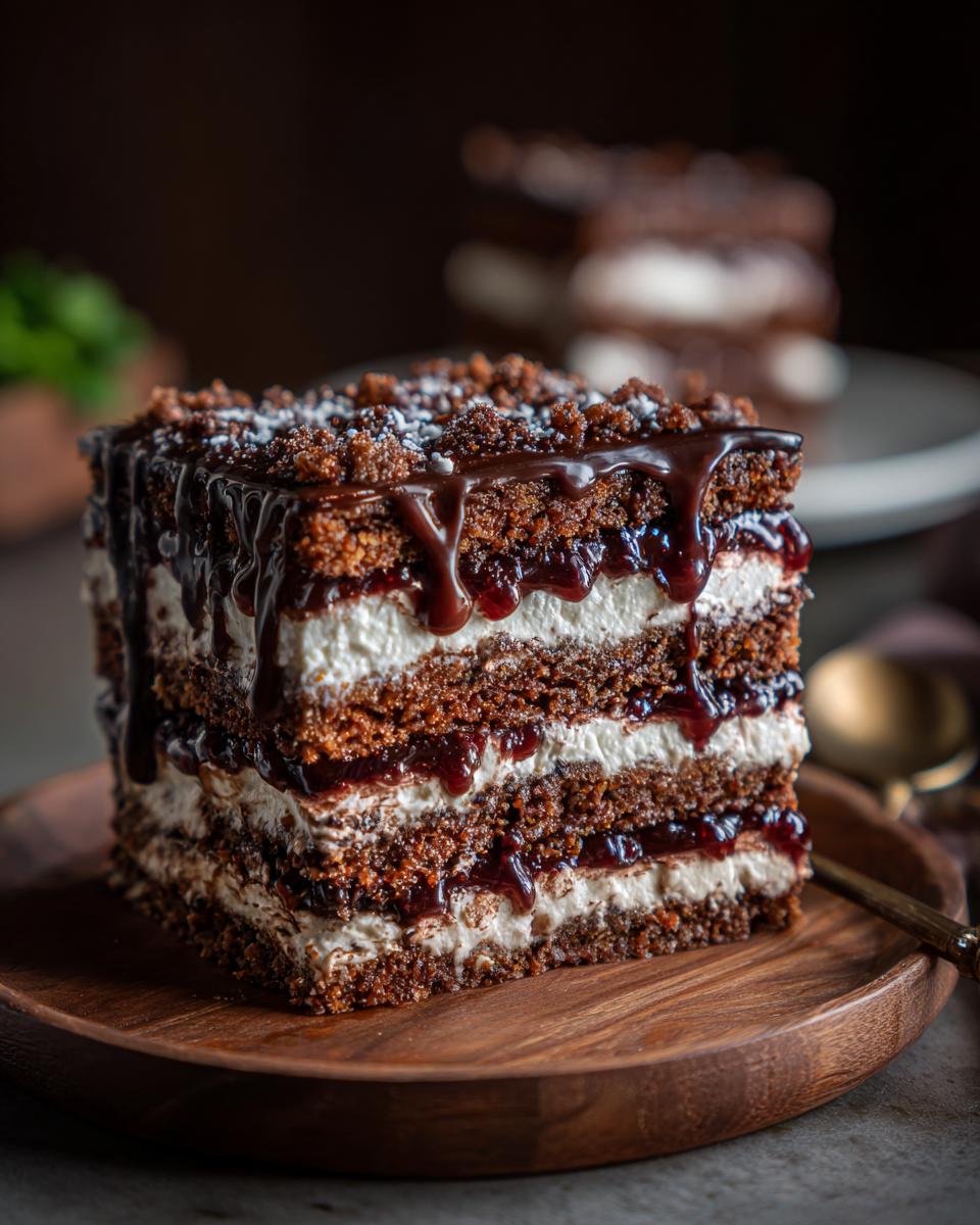 A decadent slice of Ultimate No-Bake Brownie Refrigerator Cake with layers of brownie, cream, and chocolate drizzle.
