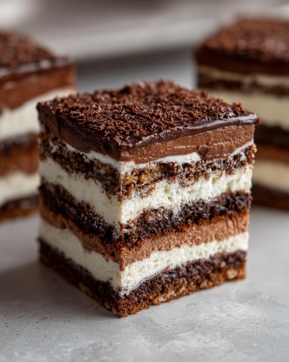 A slice of Ultimate No-Bake Brownie Refrigerator Cake, showcasing layers of brownie, cream, and chocolate topping.