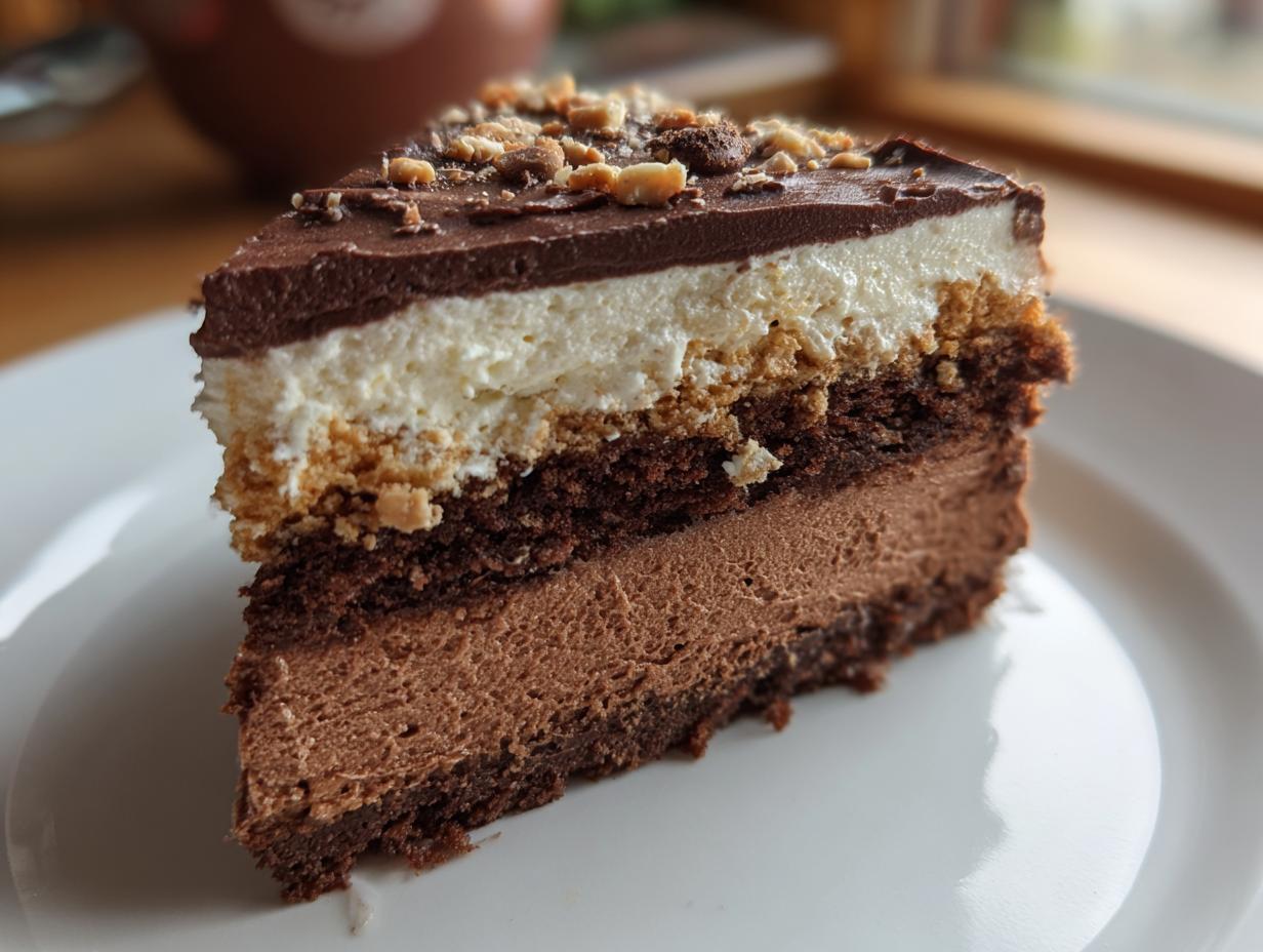 A slice of Ultimate No-Bake Brownie Refrigerator Cake with layers of brownie, mousse, and chocolate topping.