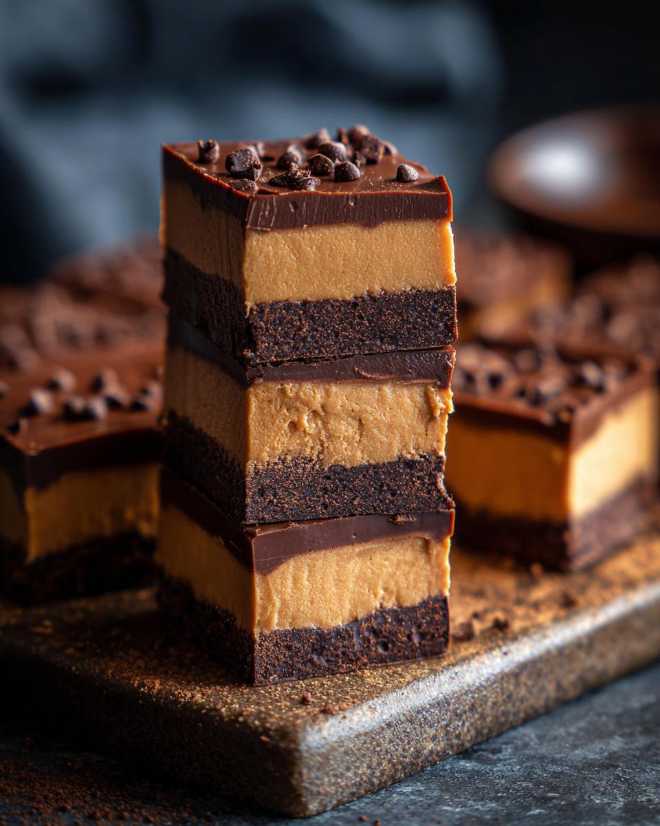 A stack of no-bake chocolate peanut butter fudge squares, showcasing the layers of chocolate and peanut butter.