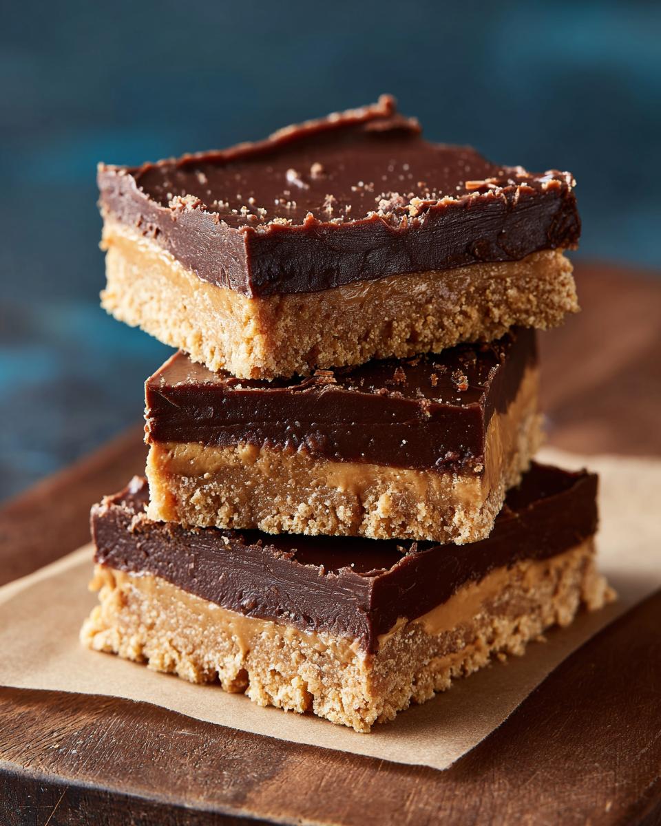 A stack of three squares of Easy No-Bake Chocolate Peanut Butter Fudge on a wooden board.