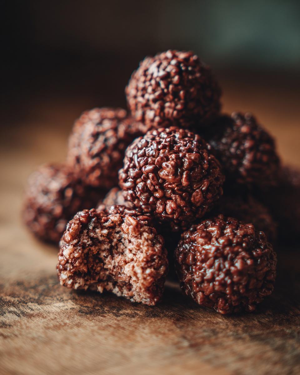 A pile of 15-Min No Bake Chocolate Rice Krispie Balls, one with a bite taken out, on a wooden surface.