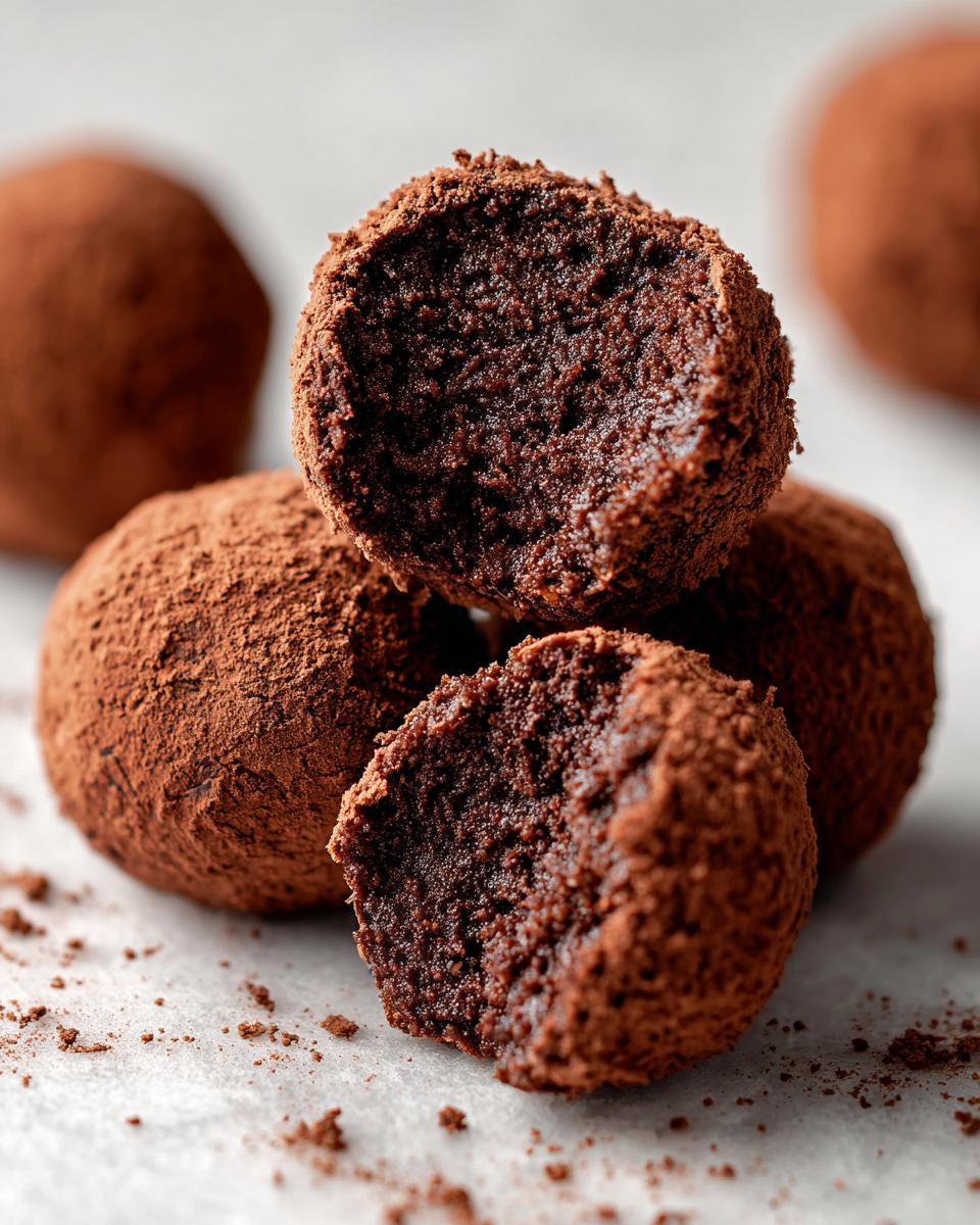 Close-up of 15-Min No Bake Chocolate Rice Krispie Balls covered in cocoa powder, one cut in half.