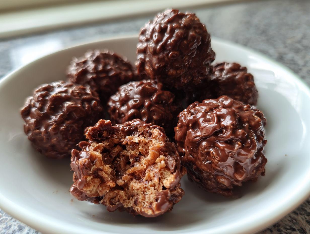 A plate of delicious 15-Min No Bake Chocolate Rice Krispie Balls, one broken open to show the inside.