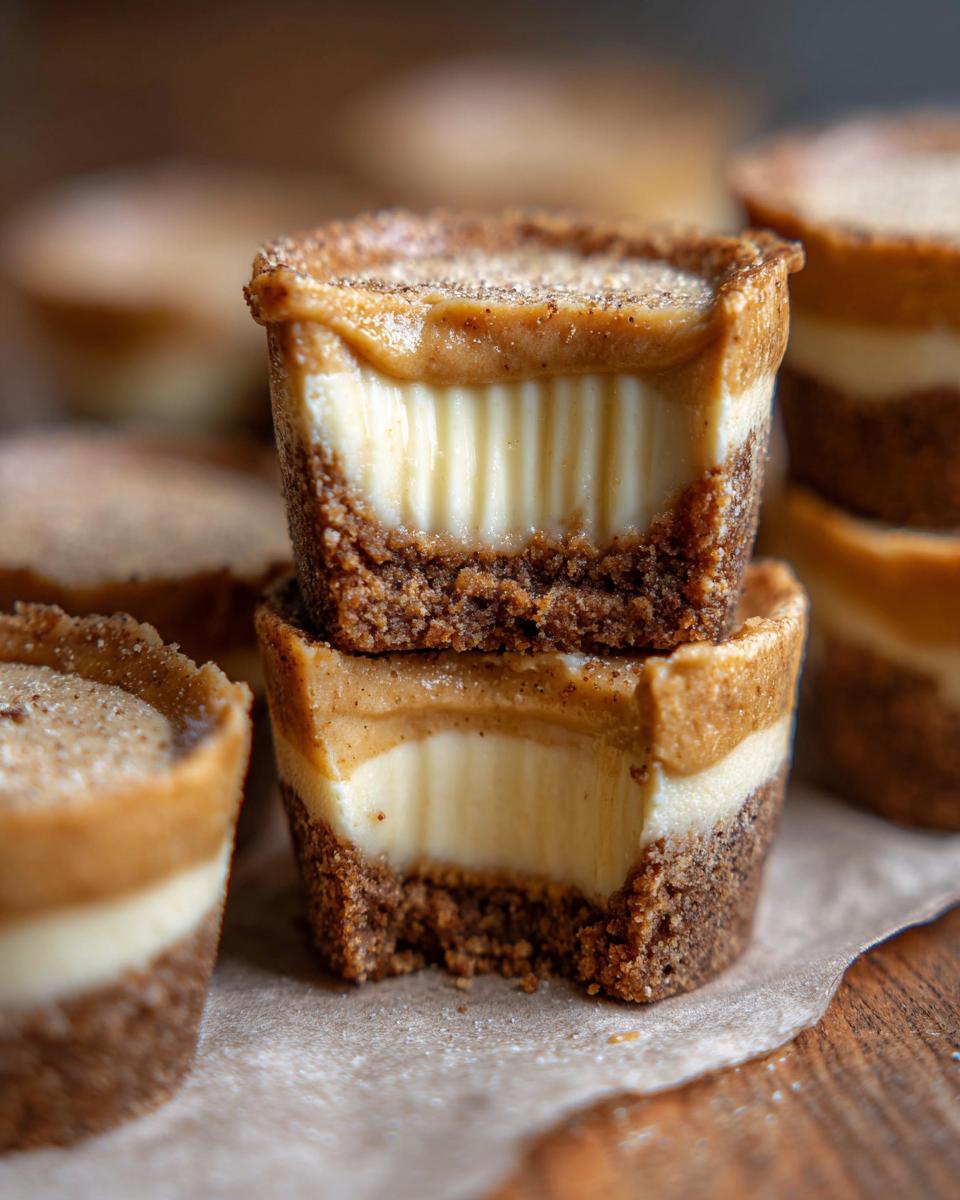 A stack of two irresistible No-Bake Cookie Butter Cheesecake Cups, one with a bite taken, showing the layers of crust, cheesecake, and cookie butter.