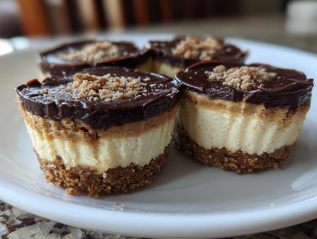 Four no-bake Cookie Butter Cheesecake Cups topped with chocolate ganache and cookie crumbs on a white plate.