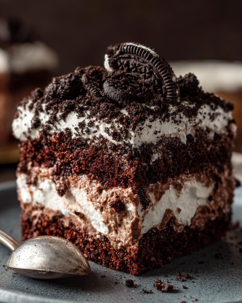 A slice of Ultimate No-Bake Dirt Cake with chocolate layers, whipped cream, Oreo topping, and a spoon.