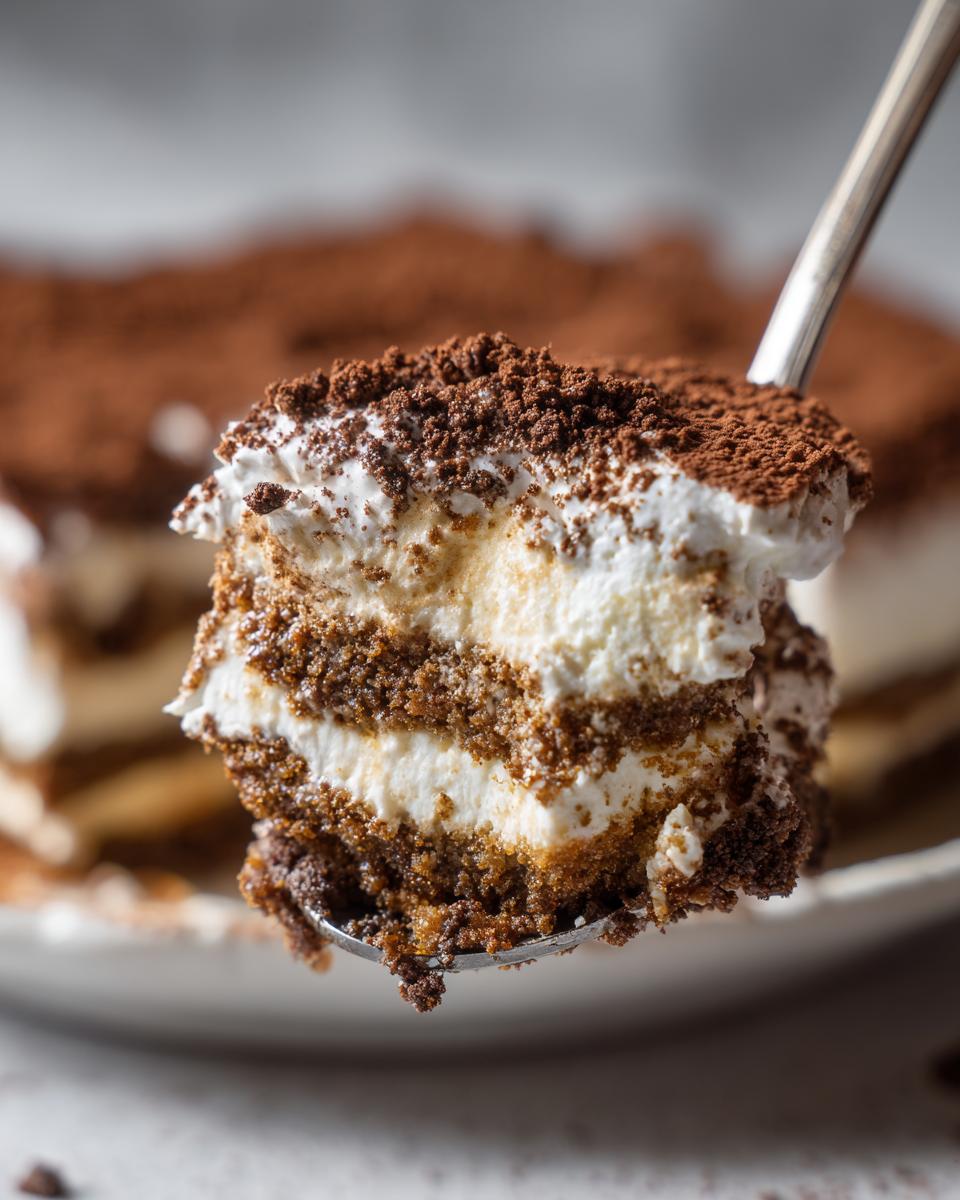 Close-up of a spoonful of Ultimate No-Bake Dirt Cake, showing layers of cream and crushed chocolate cookies.
