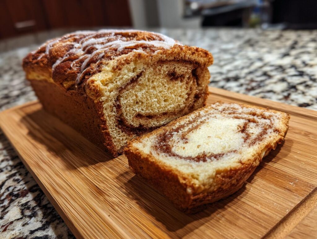 Freshly baked No-Yeast Amish Cinnamon Bread loaf with icing, sliced on a wooden board.