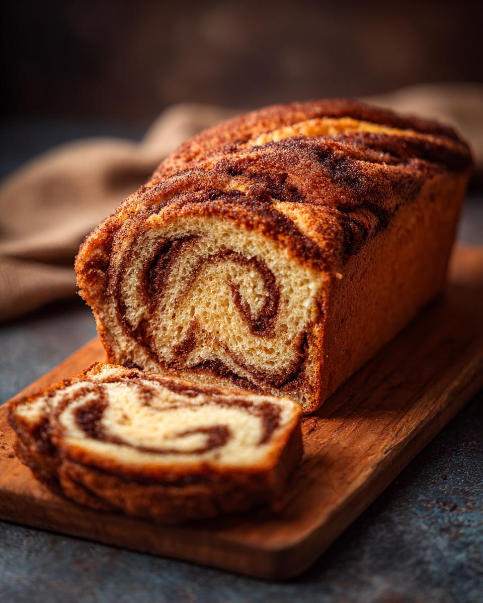 A sliced loaf of No-Yeast Amish Cinnamon Bread on a wooden board, showcasing the cinnamon swirl pattern.