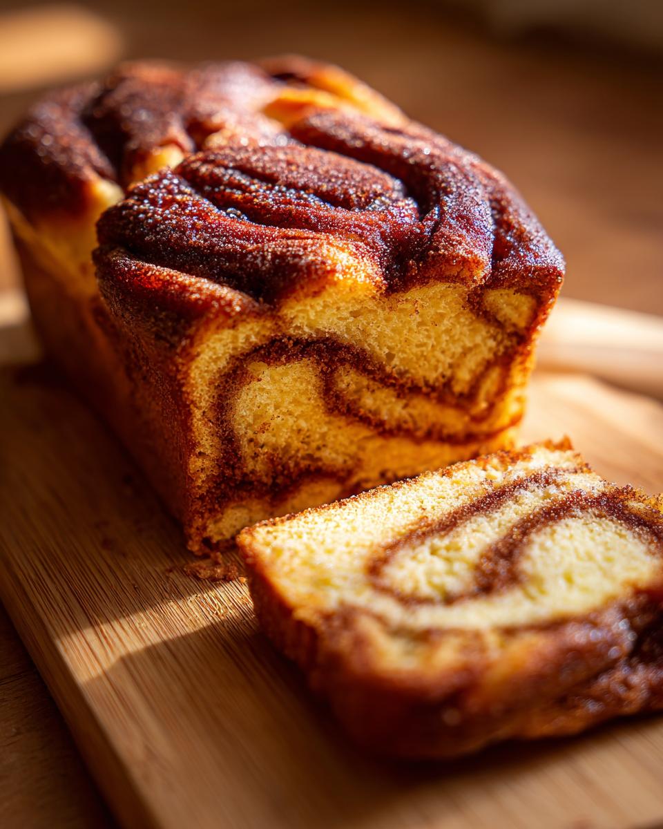 A freshly baked loaf of No-Yeast Amish Cinnamon Bread with a slice cut, showcasing the cinnamon swirl.