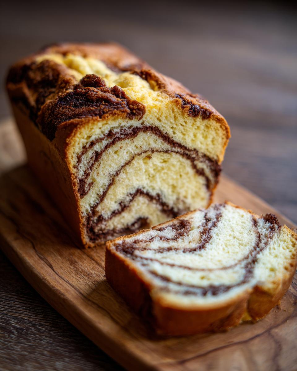A sliced loaf of No-Yeast Amish Cinnamon Bread on a wooden board, showcasing the cinnamon swirl pattern.