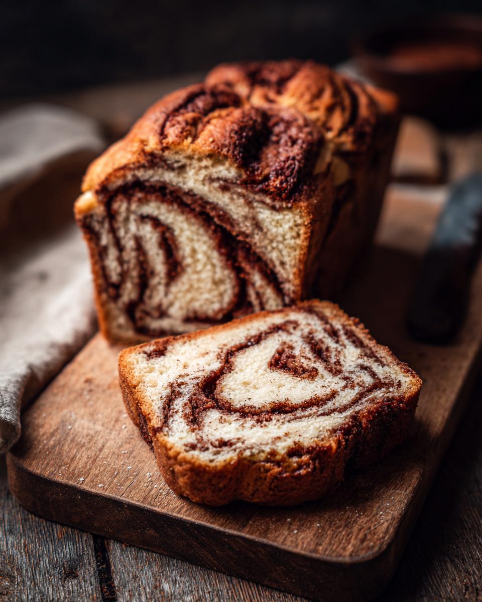 A slice of No-Yeast Amish Cinnamon Bread showcasing the cinnamon swirl pattern on a wooden board.