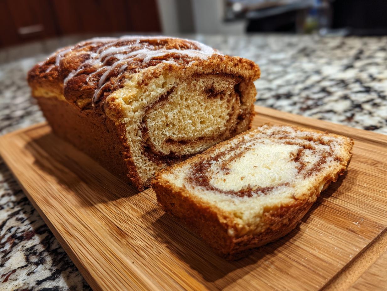 Freshly baked No-Yeast Amish Cinnamon Bread loaf with icing, sliced on a wooden board.