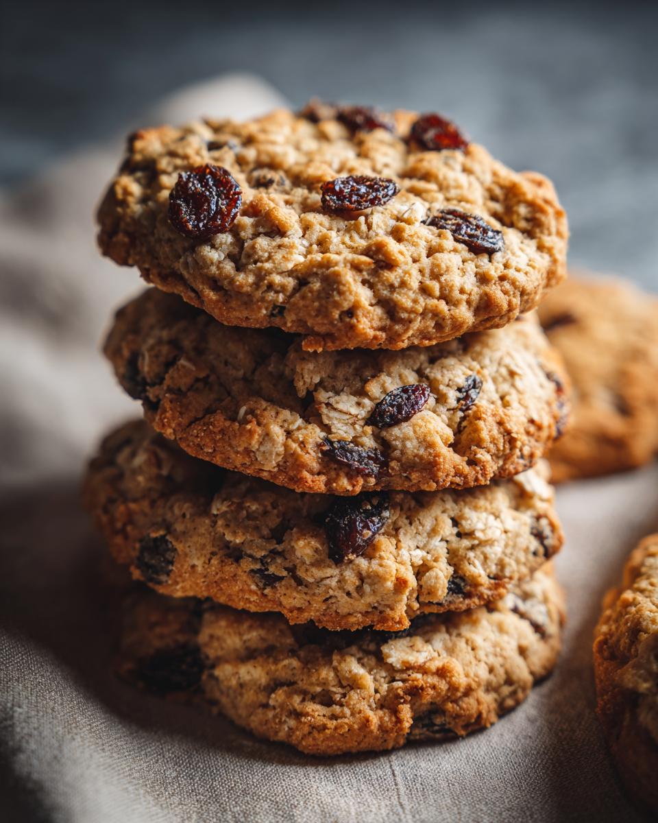 A stack of four soft and chewy oatmeal raisin cookies, showcasing their texture and raisin content.