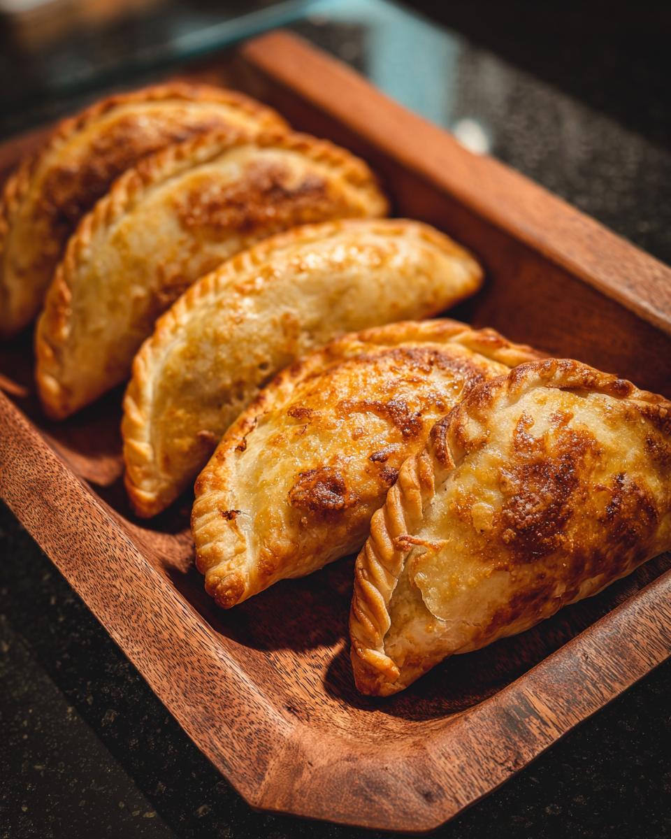 Golden brown, shatteringly crisp old-fashioned fried apple pies arranged on a rustic wooden tray.