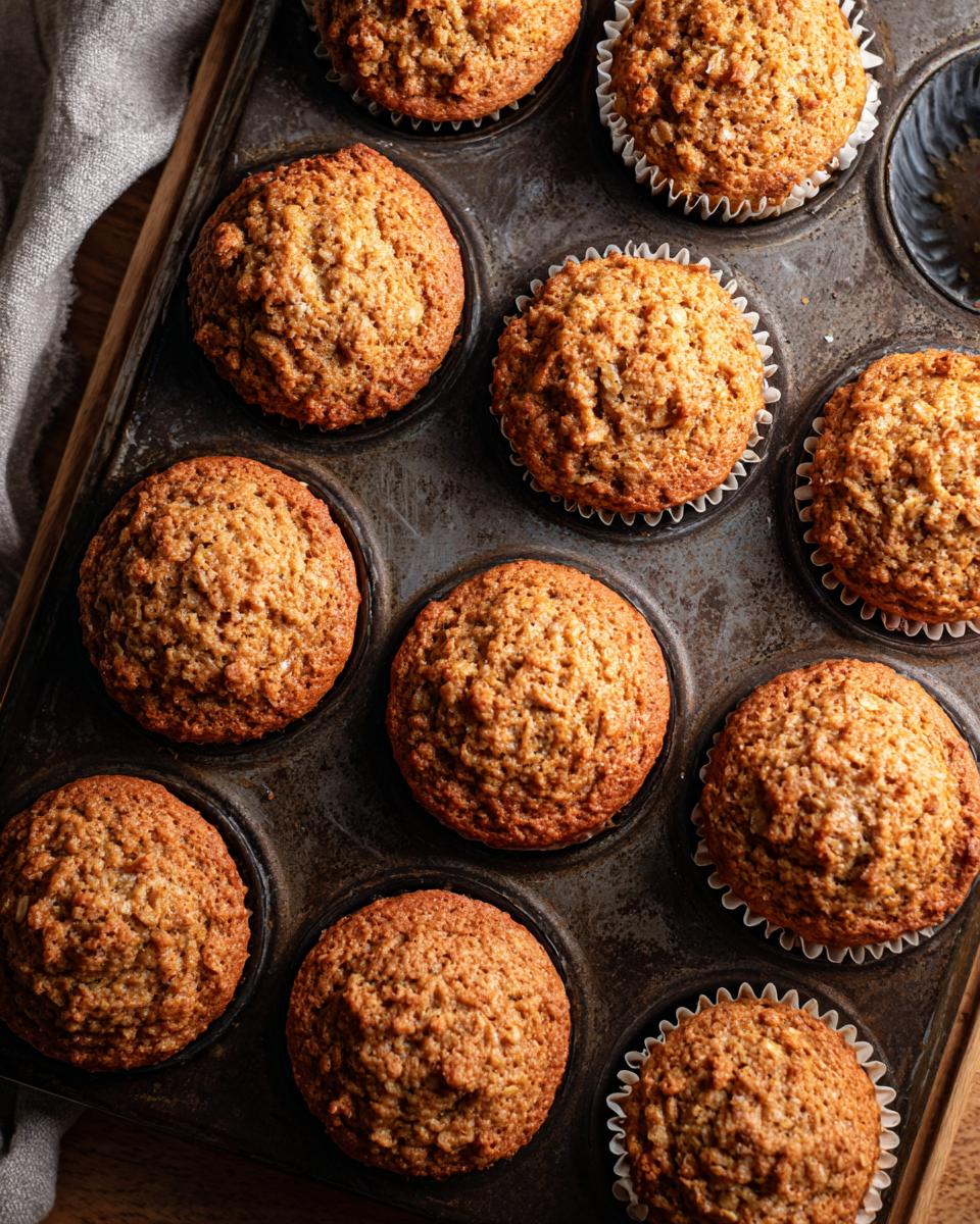 Overhead view of freshly baked One-Bowl Ultra Moist Banana Oatmeal Muffins in a muffin tin.