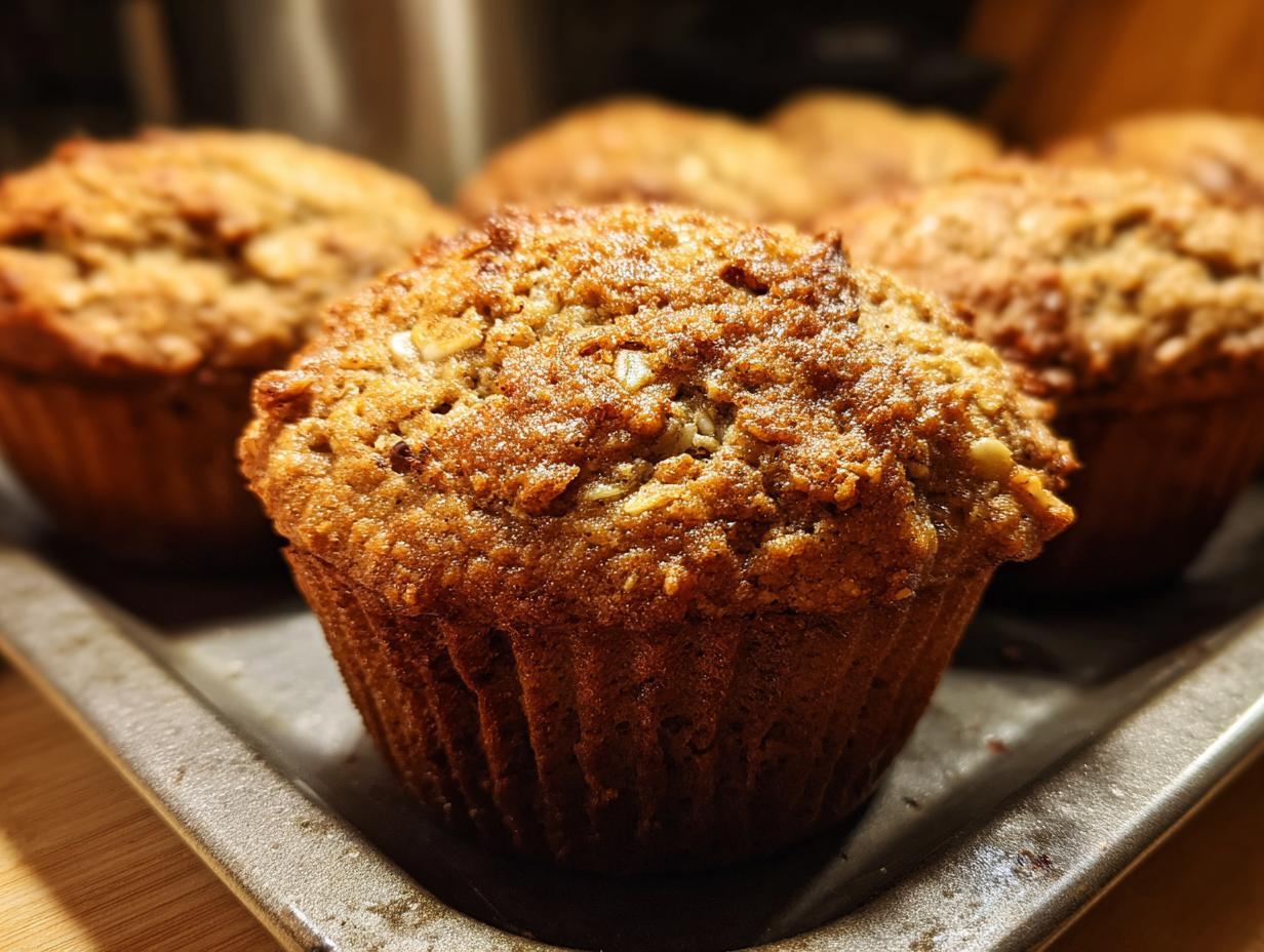 Close-up of freshly baked One-Bowl Ultra Moist Banana Oatmeal Muffins on a baking sheet, showcasing their texture and golden brown color.