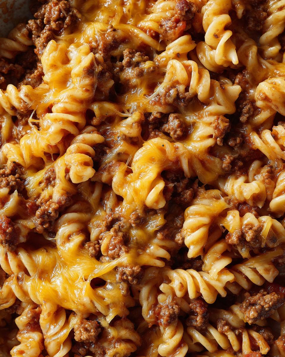 A close-up of One-Pot Cheesy Taco Pasta, showing the pasta, ground beef, and melted cheese.