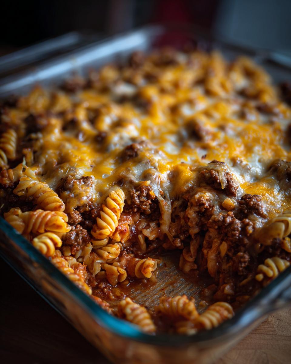 Close-up of One-Pot Cheesy Taco Pasta in a glass baking dish, topped with melted cheese and ground beef.