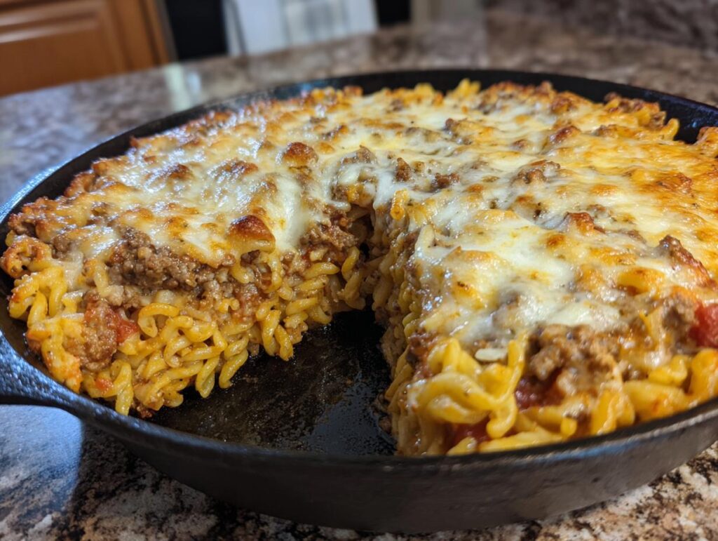 Overhead shot of One-Pot Cheesy Taco Pasta in a skillet with a slice cut out, showing pasta, meat, and cheese.